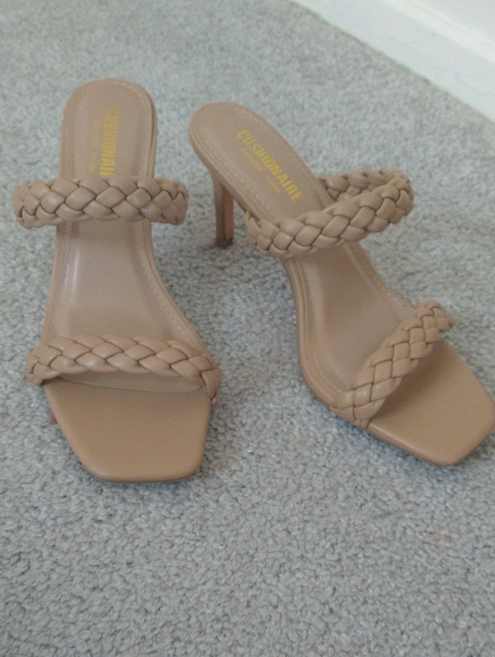 Braided Double-Strap Nude Mule Heels by Cushionaiare